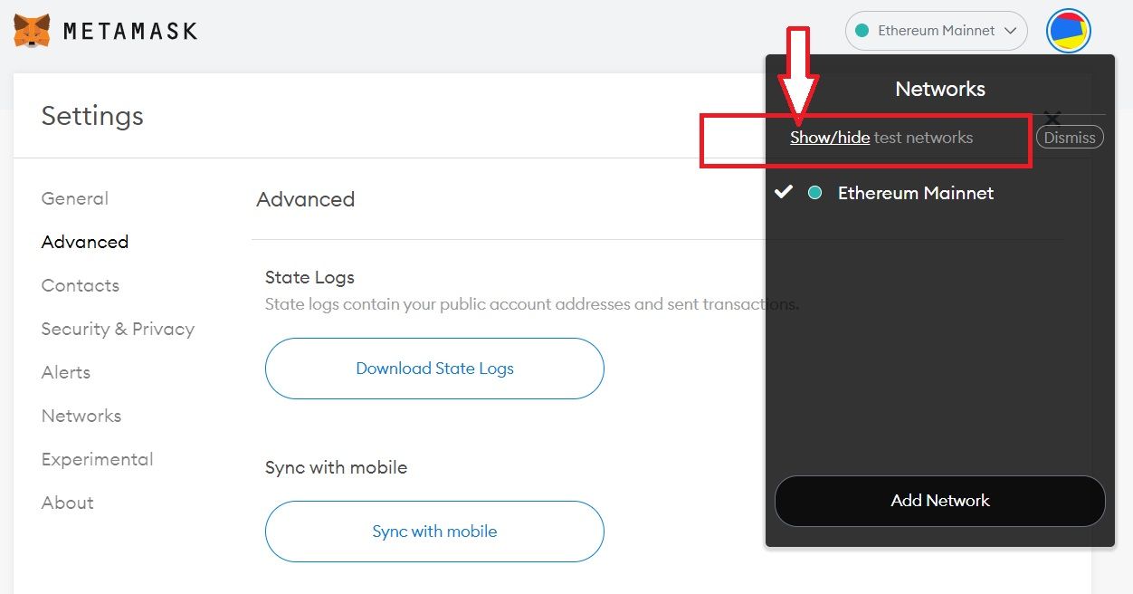 Metamask_testnet_option